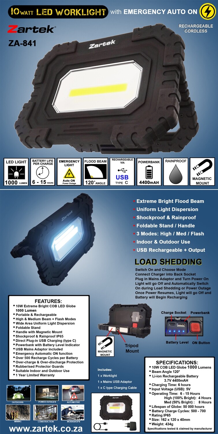zartek led 10w workinglight 1000lm emergency light recharge