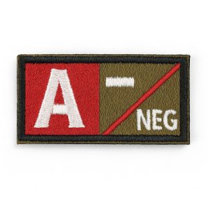 a khaki red black blood group patch